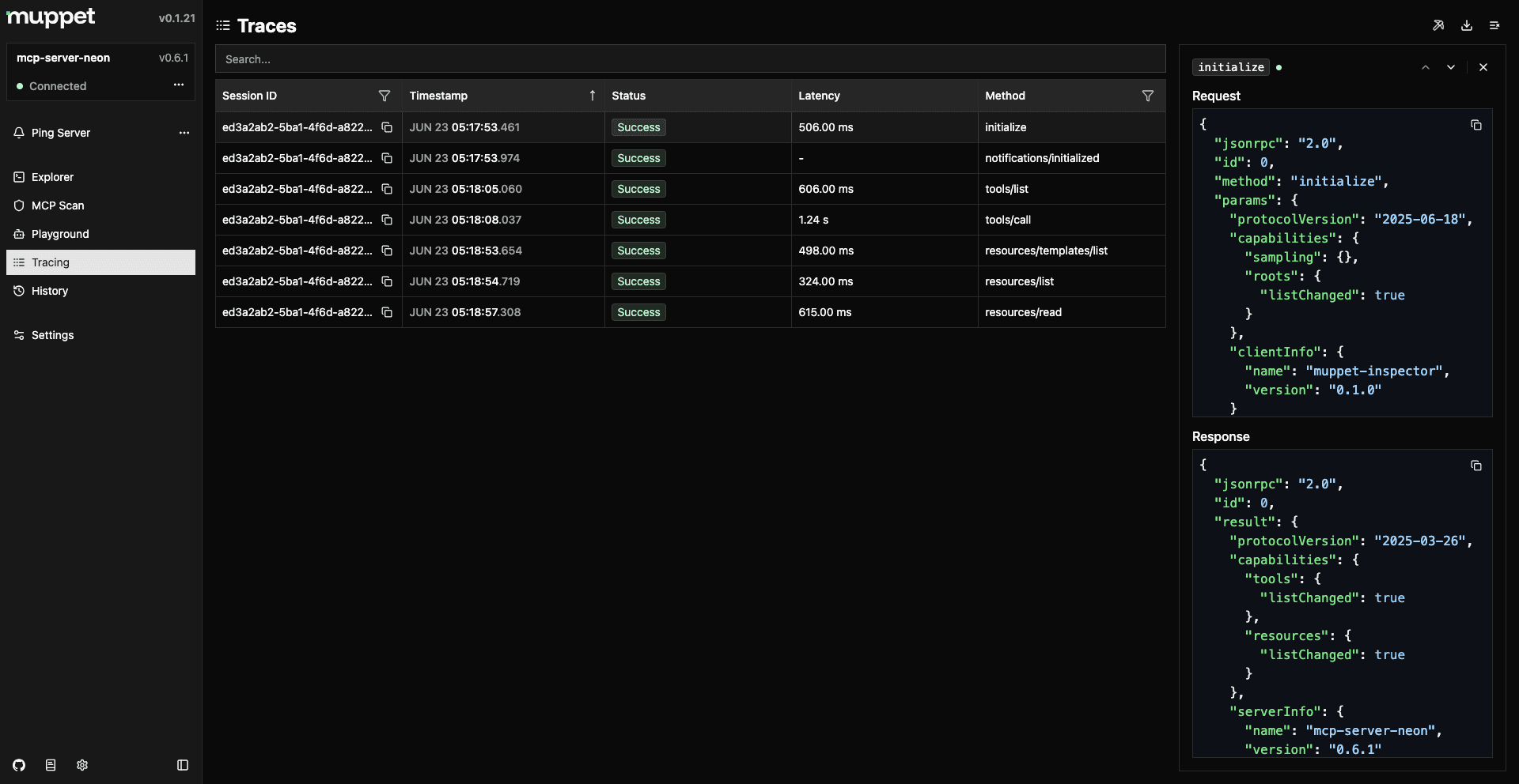 Muppet MCP Inspector Tracing Page