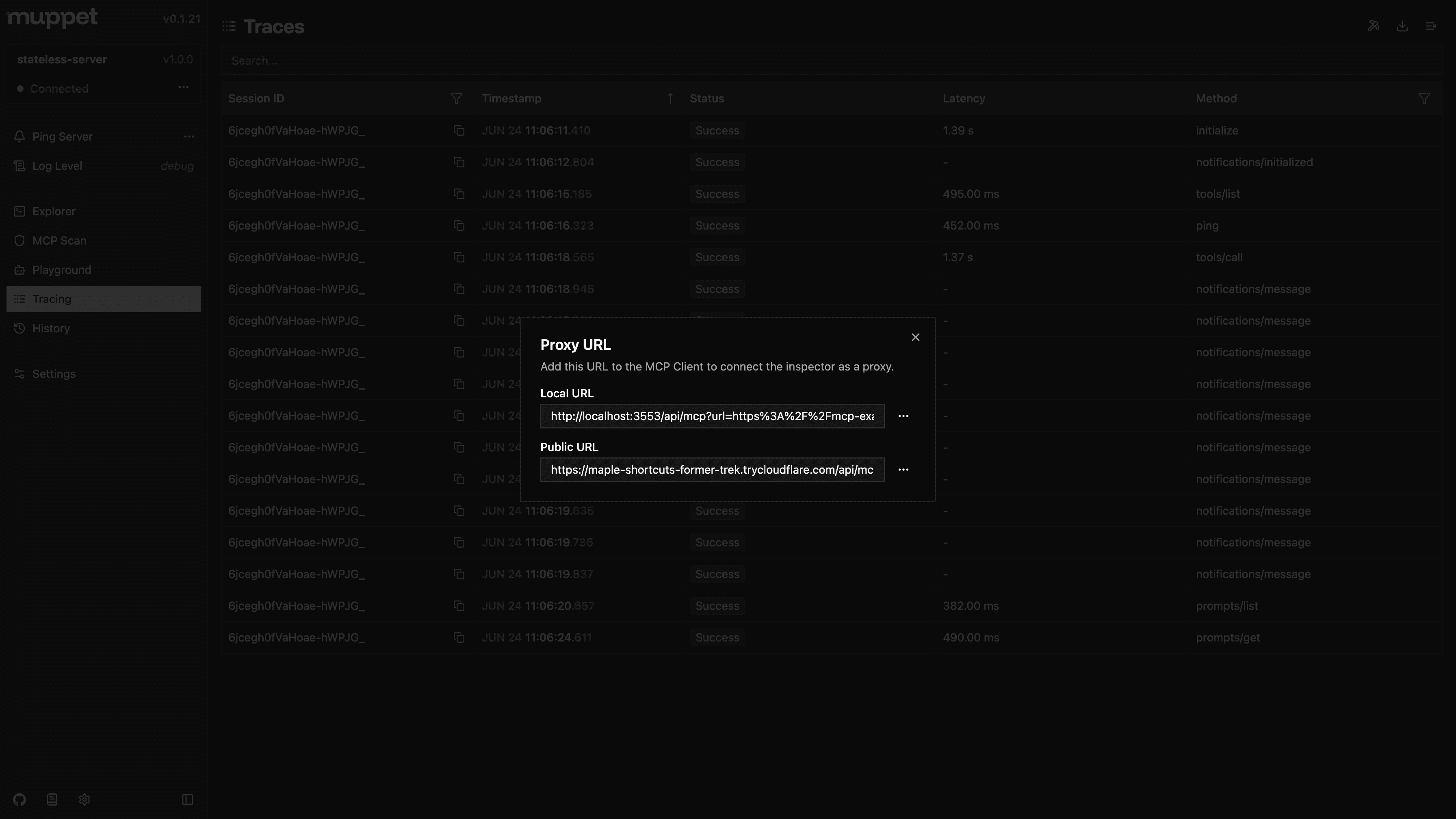 Muppet MCP Inspector Tracing Tunneling Dialog