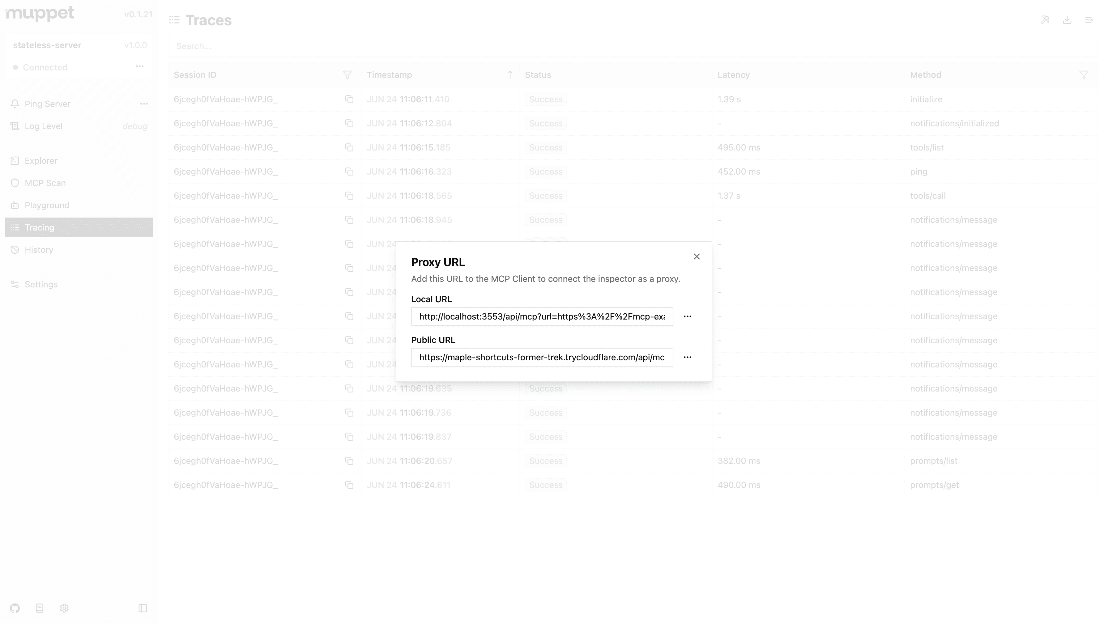 Muppet MCP Inspector Tracing Tunneling Dialog