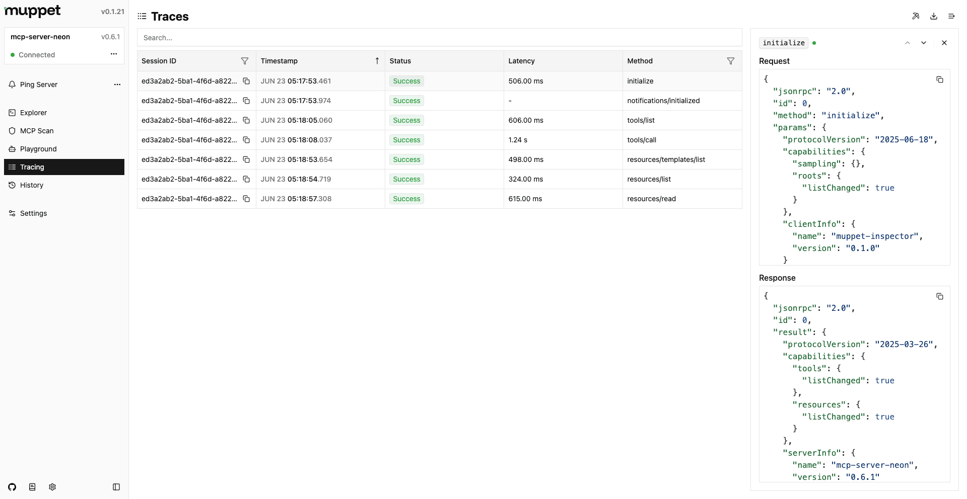 Muppet MCP Inspector Tracing Page